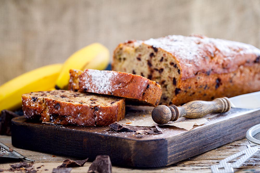 Chocolate Chip Banana Bread Chocolate chip banana bread slices studded with chocolate pieces